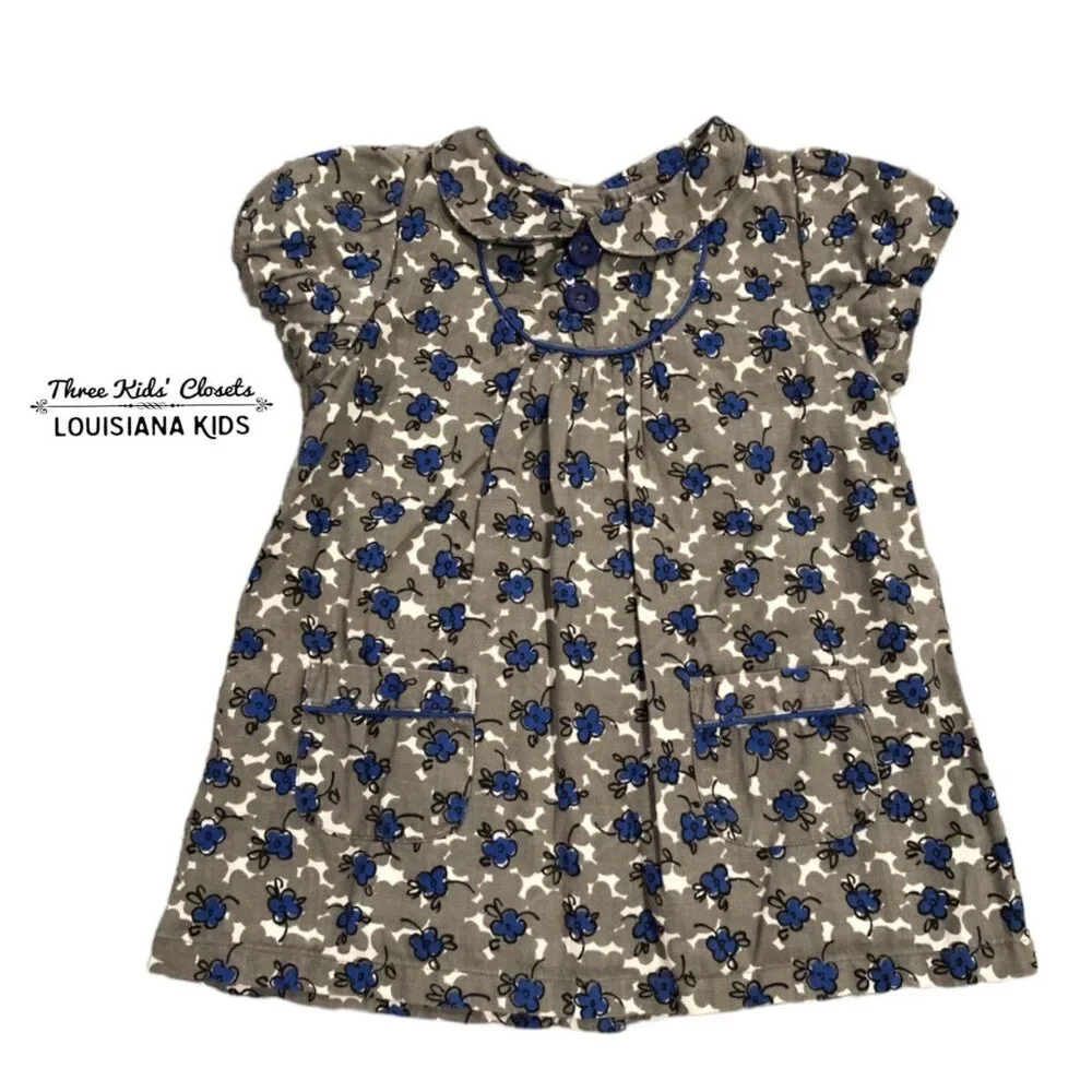 Baby Boden 6-12m Grey & Blue Floral Pretty Collar Dress